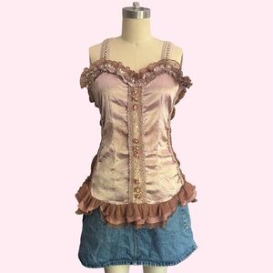 Y2K Pretty Angel Silk Blend Lace Tank Top Ruffled Coquette Fairy Goth Medium